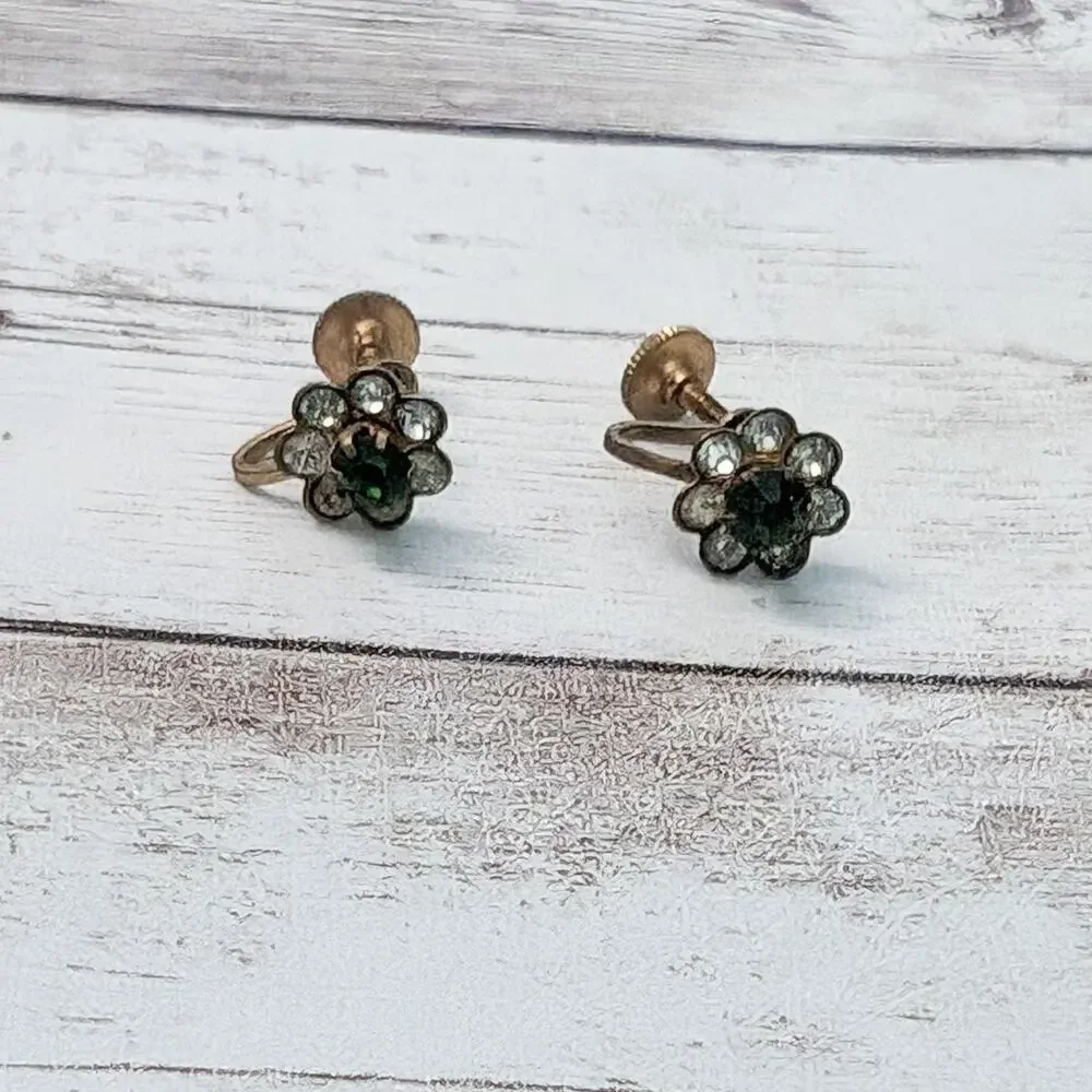 Vintage Screw Back Earrings Dainty Green & Clear Gem